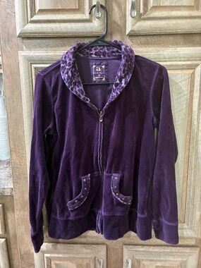 Ac-Tiv-Ology Brand Purple Velvet Zip Front Jacket with Patterned Shawl Collar